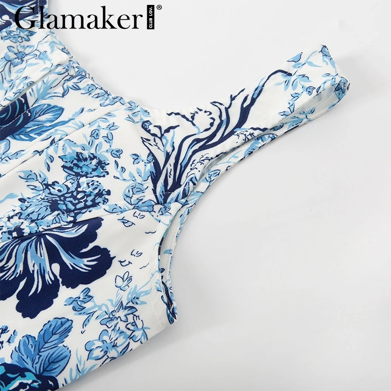 Glamaker Blue floral print vintage short tops Women sexy square neck tank cami top Female winter autumn short crop top shirt