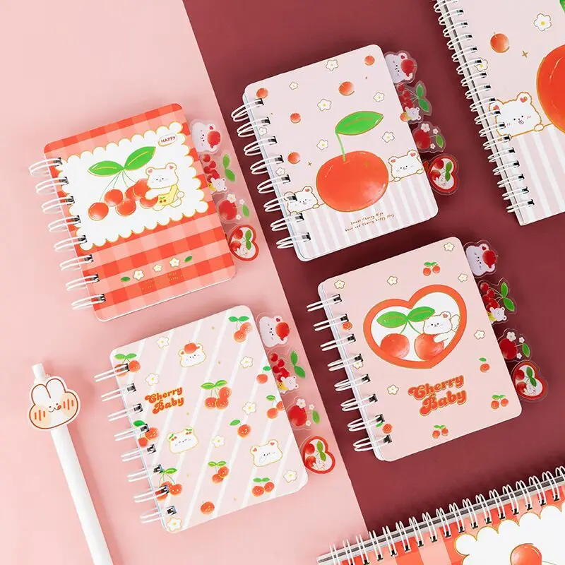 MINKYS Kawaii Cherry Baby Mini Pocket Sprial Journal Notebook With 4PCS Bookmark Diary Agenda Notepad Planner School Stationery |