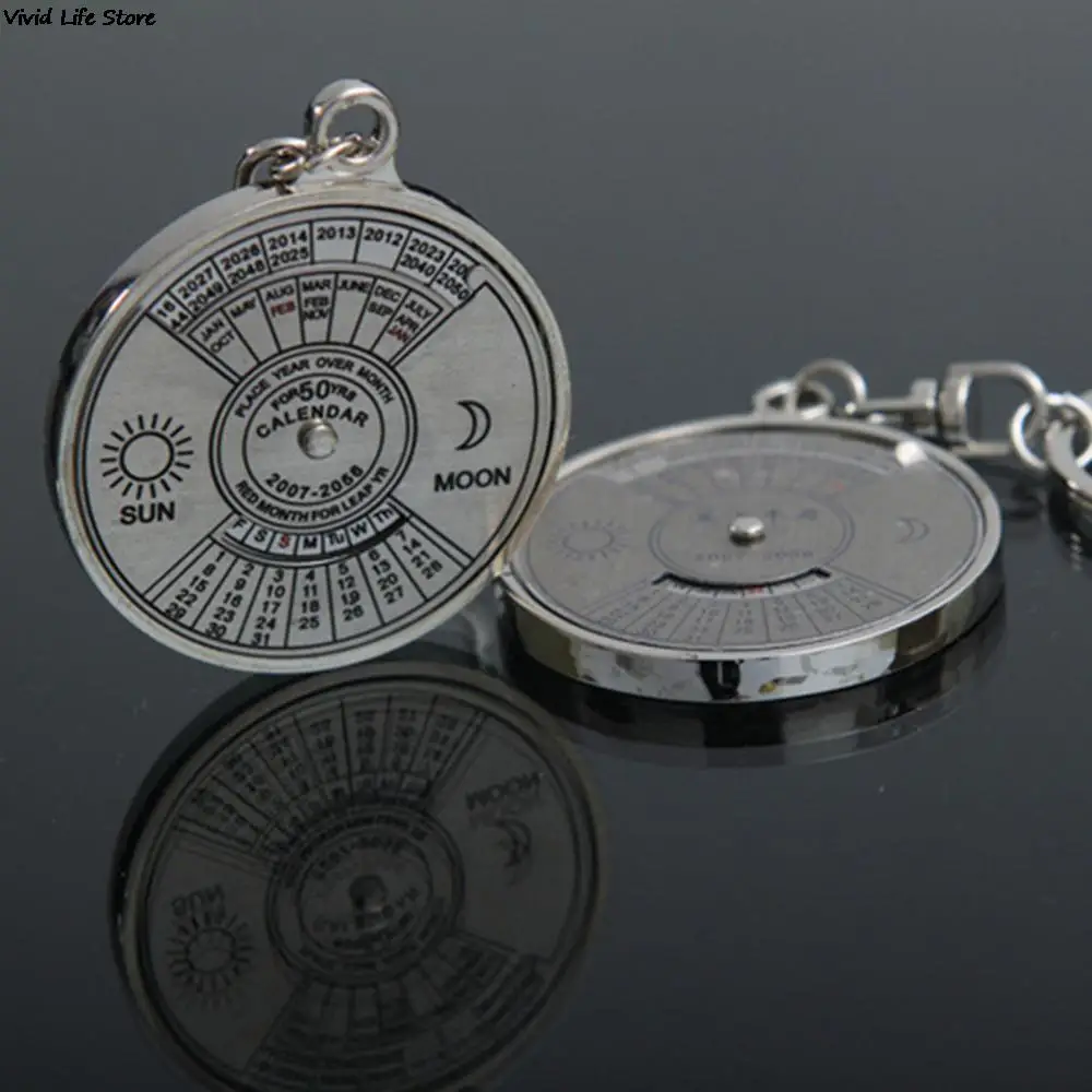 50 Year Calendar Key Chain Mini Metal Ring Compass Keyring Keyfob Hiking Camping Outdoor Sports Survival Tools Calendar Key Chain