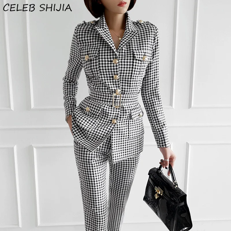 Runway Plaid Pant Sets Woman Autumn Single-breasted Jacket + Pencil Pants Korean Elegant Business Two Piece Suits Fall |