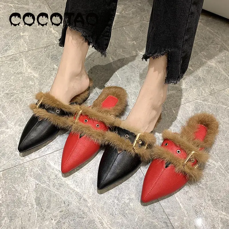 

Fur Female Autumn And Winter Lazy Shoes Baotou Half Slippers Rabbit Fur Wear Large Size Plush Slippers Female Flat Mules Shoes