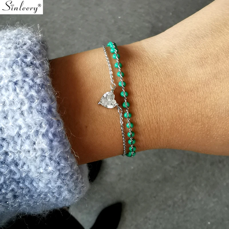 SINLEERY цвет браслеты дружбы сердечко серебряного цвета циркон зеленый черный красный рис бусины браслет для женщин ювелирные изделия SL446 SSD