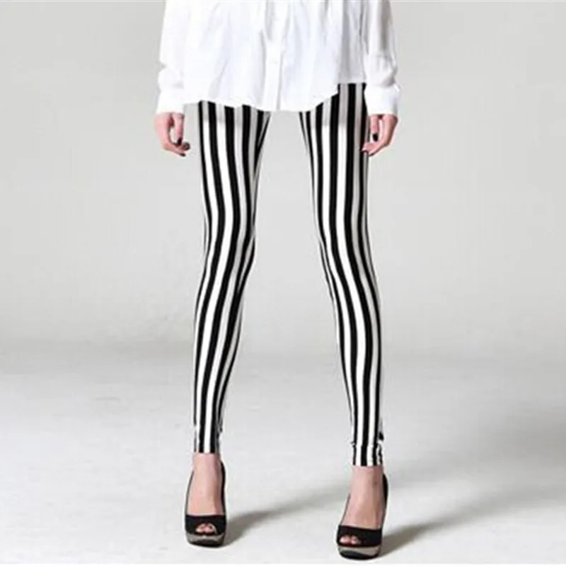 

Thin Type for Spring And Autumn Leggings Women's Black And White Vertical Striped Printing Ninth Pants Elasticity Brushed Qmilch