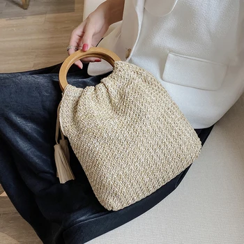 

Wooden Handle Shoulder Bags For Women 2020 Fashion Tassel Handbags Lady Travel Straw Hand Bag Weave Small Hand Bag Totes