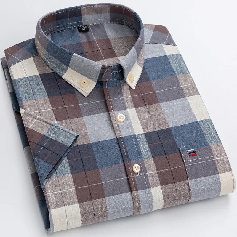 Men 100% Cotton Casual Oxford Striped Plaid Short Sleeve Shirt 7XL Slim Fit