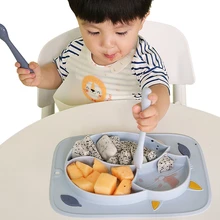 Plato de silicona seguro para bebé, vajilla de entrenamiento con forma de zorro de dibujos animados, tazón de múltiples rejillas, succión, sin BPA