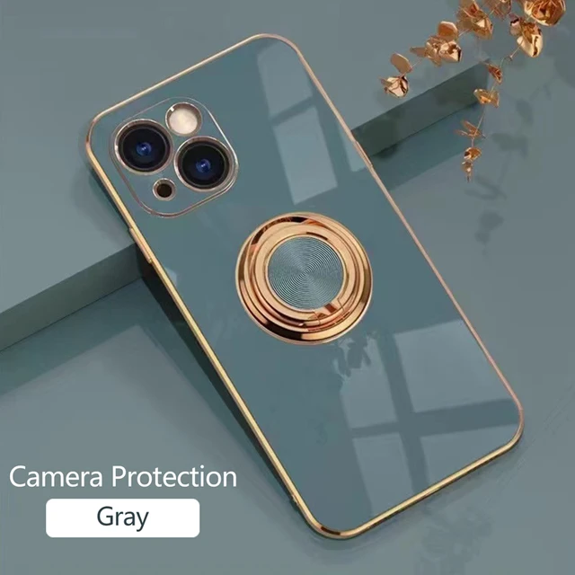 Luxury Plating Magnetic Attraction Ring Phone Case For iPhone 11 12 13 Pro Max Mini X XR 7 8 Plus SE2022 Soft Covers With Holder Gray