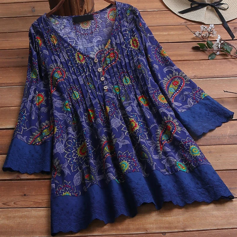 Большие размеры Летняя мода Boho Хлопок Лен с рисунком блуза, Топ Свободный Топ Женская рубашка с длинными рукавами Blusas Femininas пуловер