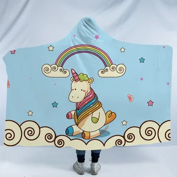 

Cute Cartoon Blue Unicorn Hooded Blanket Coral Fleece Hoodie Blanket For Adult Super Soft Blanket Travel Mantle Fluffy Blanket
