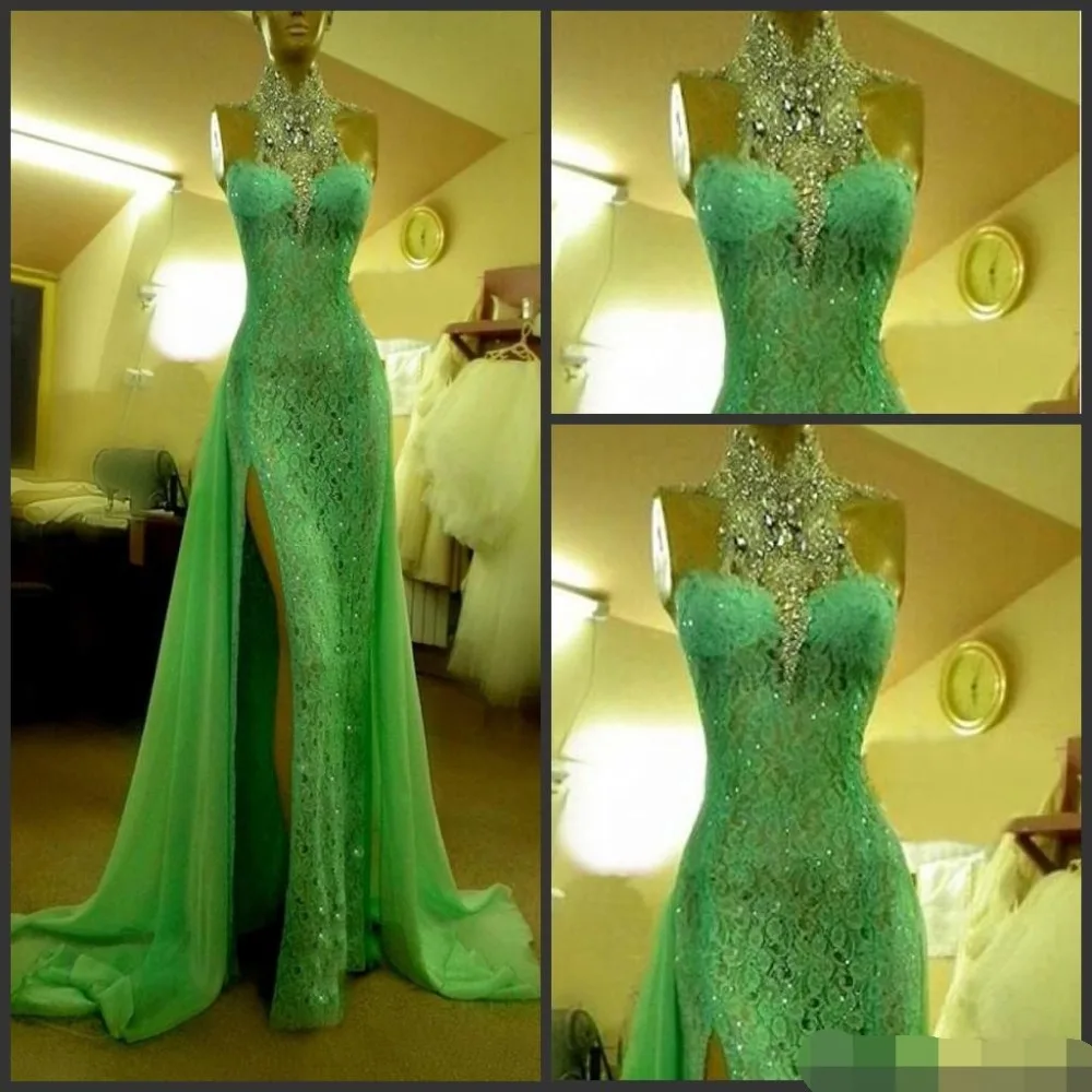 

2019 Emerald Green Evening Dresses High Collar with Crystal Diamond Arabic Evening dresses Lace Side Slit Dubai Evening Dress