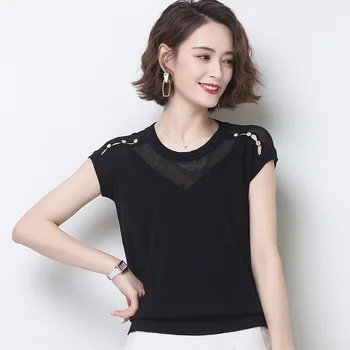 

New solid color round neck hollow button knit short-sleeved shirt women gray