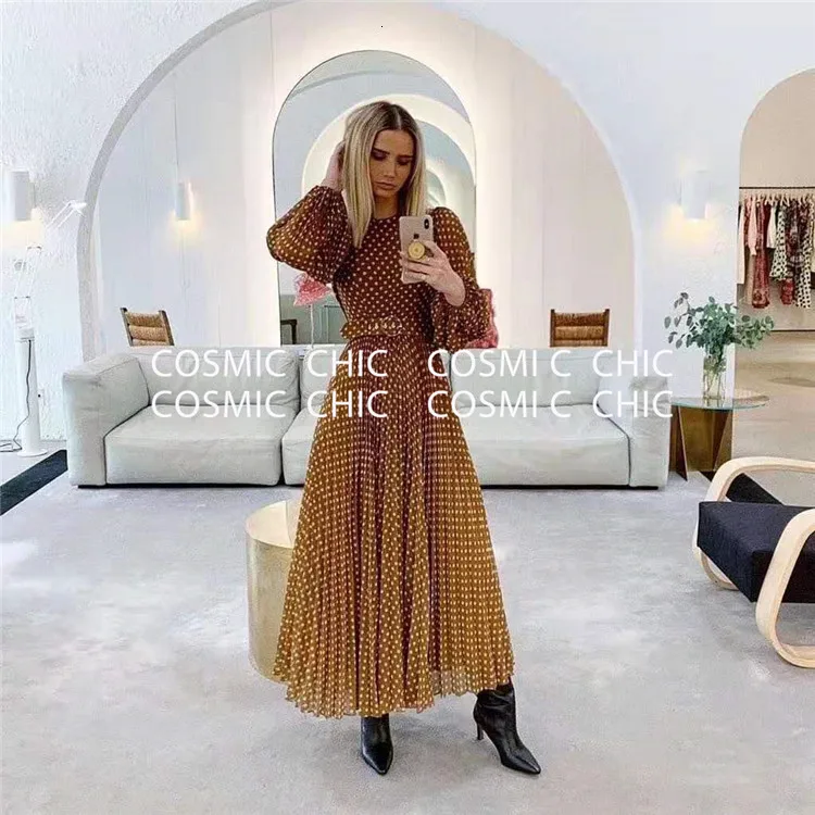 Cosmicchic Женское Платье макси с длинным рукавом-фонариком в горошек винтажное платье-рубашка с завышенной талией и поясом элегантное праздничное платье для вечеринок