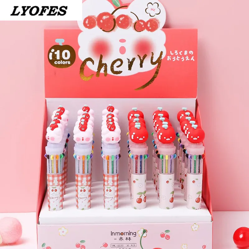 

30 pcs bear cherry ballpoint pen neutral pen student supplies school girls lovely lattice 10 color wholesale pens kawaii cute