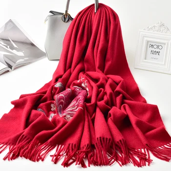 

Women Wool Scarf For Winter Warm Wool Shawls Wraps Scarves for Ladies Bride Wedding Tassels Solid Butterfly Embroidery Pashmina