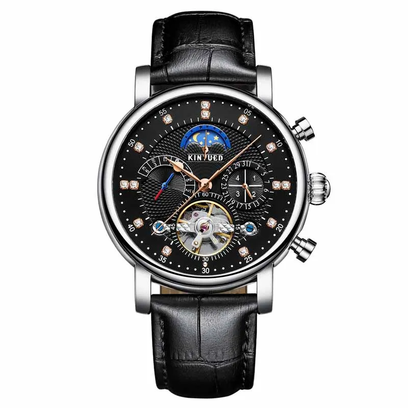 

KINYUED Mens Mechanical Skeleton Watch Automatic Self-Wind Wristwatches Mens Leather Waterproof Sport Male Clock Horloges Mannen