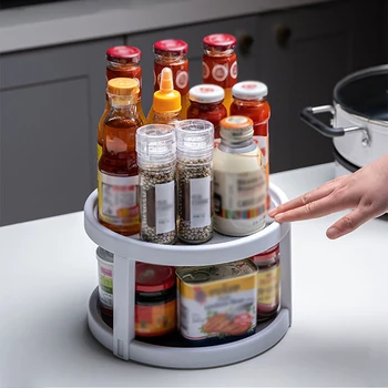 

2-Tier Rotating Kitchen Plastic Storage Shelf Seasoning Storage Box Desktop Makeup Skin Care Rack