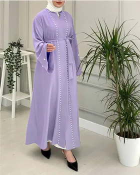 Hot Sale Hand Made Pearls Beading Muslim Abaya Elegant Pure Color Long Muslim Abayas Women