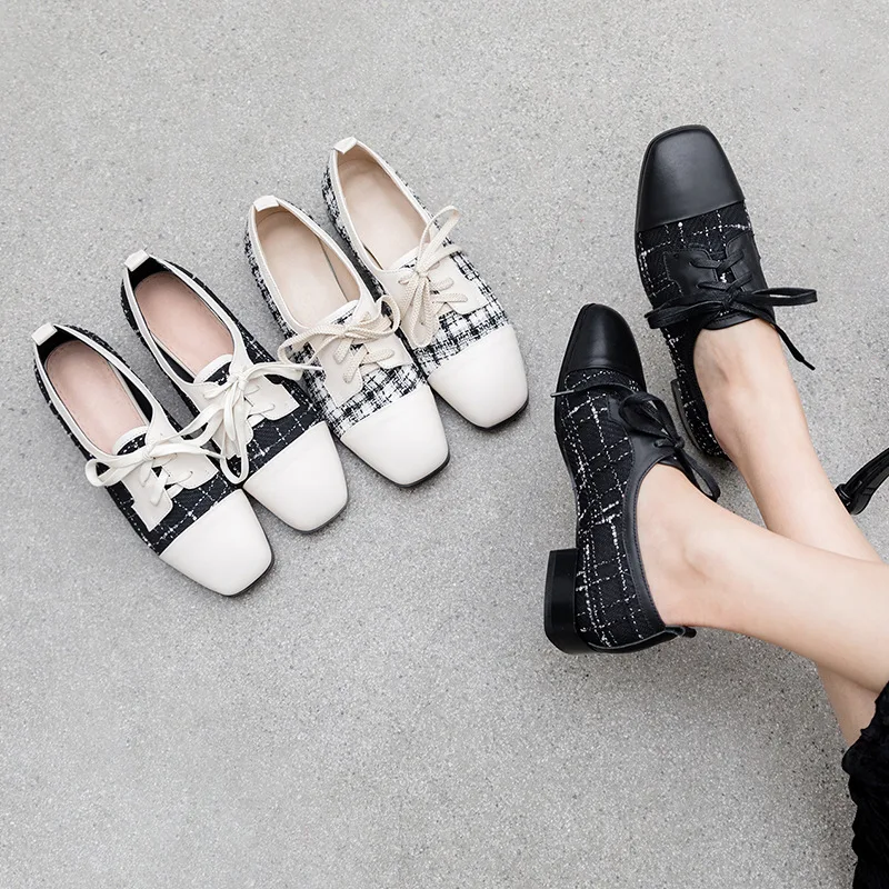 

2019 Spring New Style British Style Retro Plaid Flat Keel Thin Shoes Women's Mixed Colors Square Head Versatile WOMEN'S Shoes Si