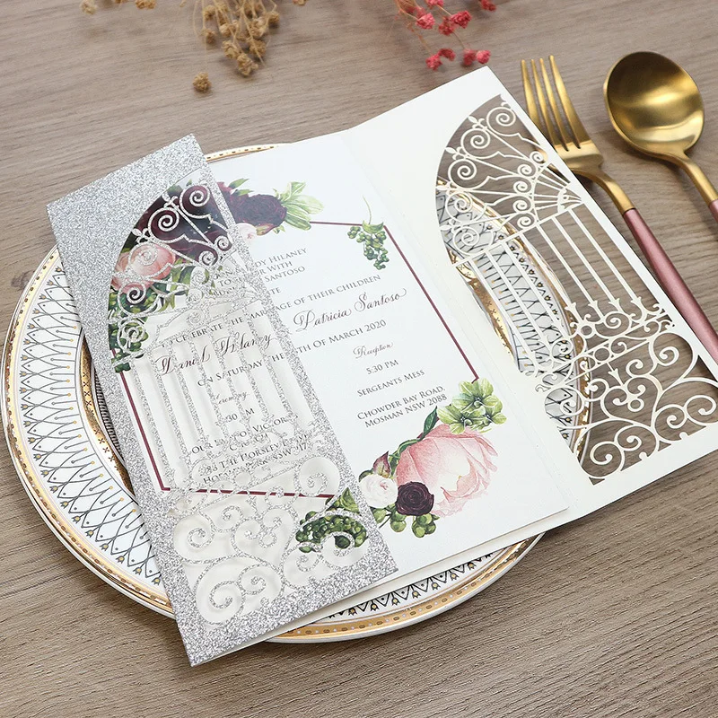 

(50 pieces/lot) Laser Cut Wedding Gate Design Invitation Card Customize Print Silver Glittery Party Invitation Cards IC140