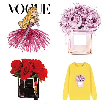 

Beautiful Flower Bottle Patch Heat Transfer Stickers For Clothing Diy Girl T-Shirt Patch Applique On Clothes Ironing Stickers