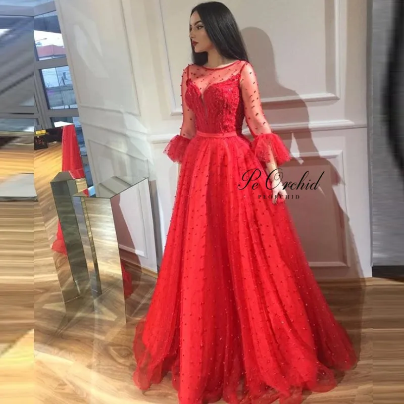 

PEORCHID 2020 Elegant Red Prom Dresses With Sheer Sleeves A Line Luxury Pearls Evening Wear Party Gowns Robe De Bal Longue