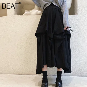 

DEAT 2020 Spring Summer Fashion Casual Solid Loose Slim Pleated High-waist A- Line Black Long Skirt Women SB334