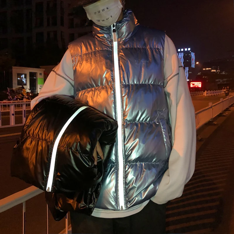 Зимний светоотражающий жилет, мужской теплый толстый модный однотонный Повседневный хлопковый жилет с воротником, Мужская Уличная жилетка, пальто, мужской M-3XL