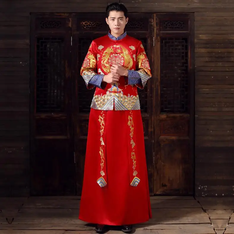 bridegroom Красное китайское свадебное платье Cheongsam традиционное Стильное вечернее платье с вышивкой длинное Qipao женское и мужское размер S-XXL - Цвет: bridegroom