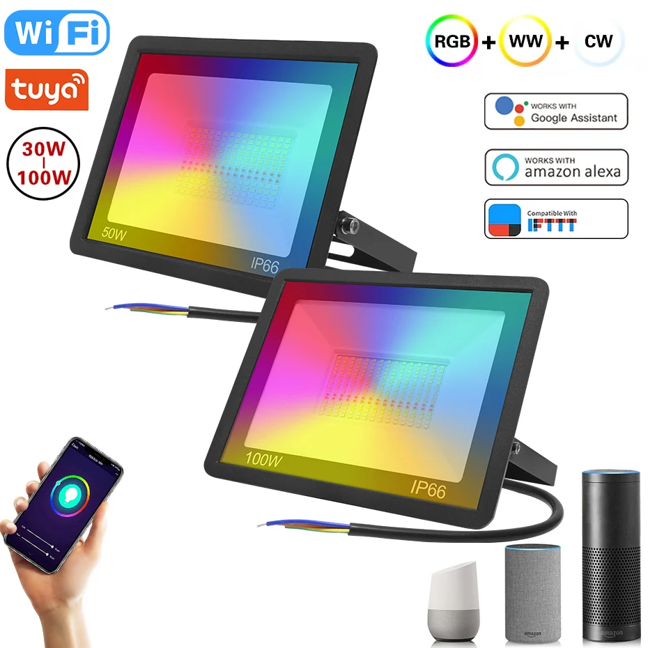 Reflektor LED RGB inteligentny reflektor zewnętrzny reflektor punktowy 30W 50W 100W wodoodporny 220V ciepłe fajne oświetlenie Tuya sterowanie przez WIFI dla Alexa