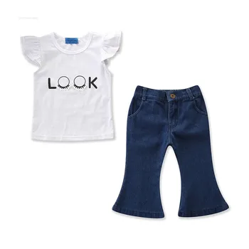 

2020 children's clothing girls pearl flying sleeve top horn denim suit tide