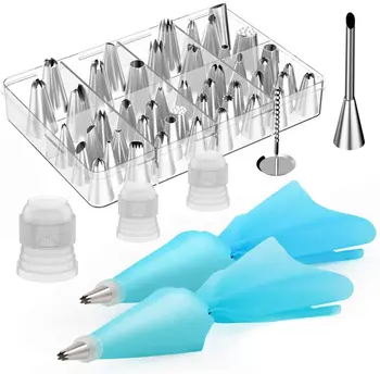 

54 in 1 Cake Decorating Supplies 35 Piping Tips 13 Large Icing Sets 2 Reusable Silicone Pastry Bags 3 Couplers and 1 Flower Nail