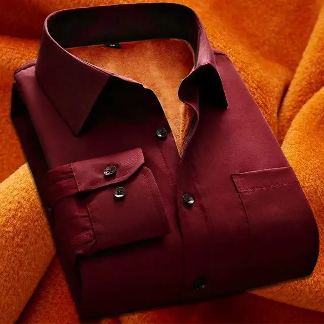 Зимняя теплая рубашка плюс бархатная утолщенная модная Однотонная рубашка с длинным рукавом мужская брендовая рубашка плюс sizeL-5XL - Color: Wine red