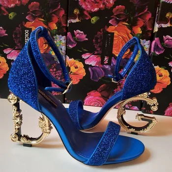 

Sexy Womens Clubwear Peep Toe Real Leather High Irregular Strange Gold Heels Letter Sandals Shoes Pumps Sequins Bling 7Colors