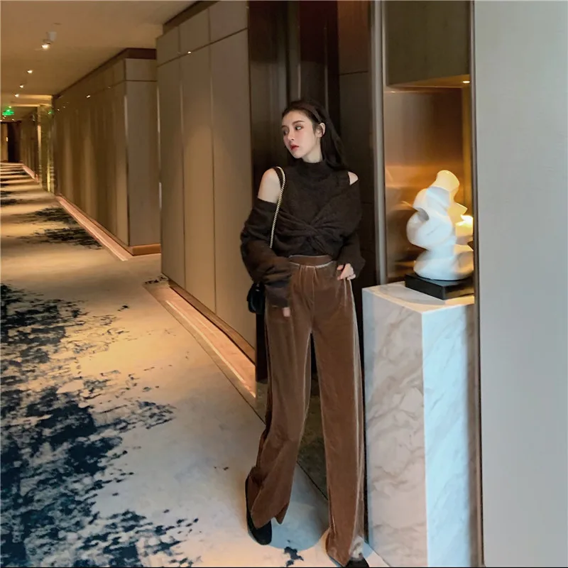 Korean version of the retro lazy wind new button cross V-neck sweater jacket+ half-high collar vest sweater two-piece