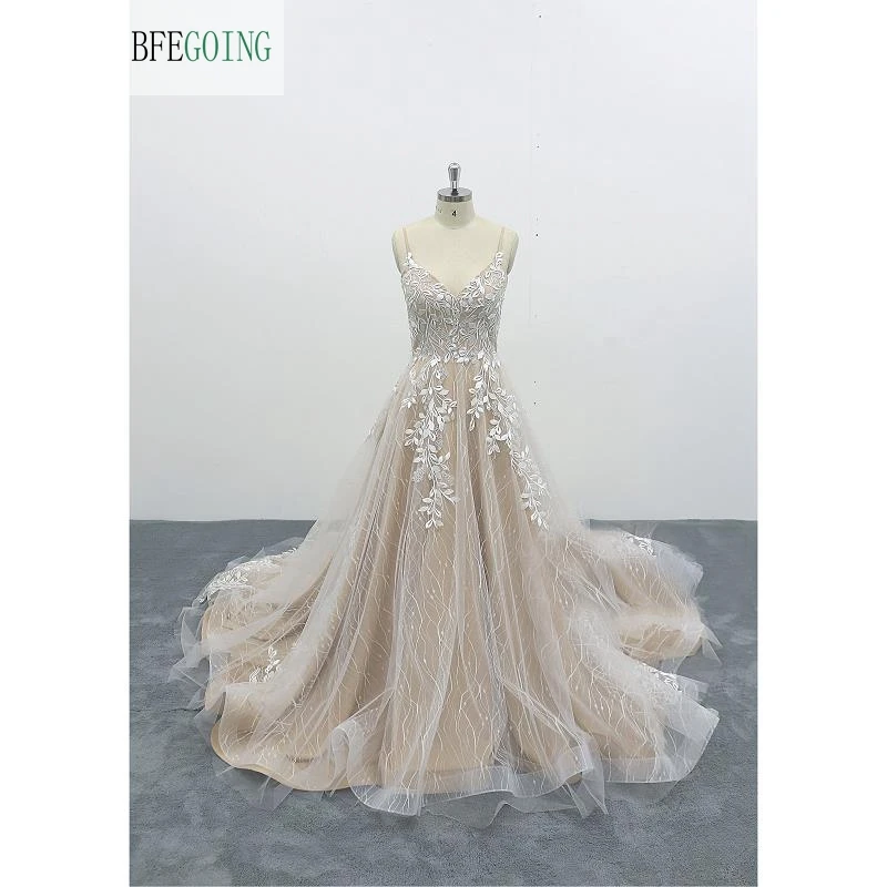 Lace Tulle Appliques Spaghetti Straps Sleeveless Floor -Length A-Line Wedding Dress Chapel Train Custom Made | Свадьбы и торжества