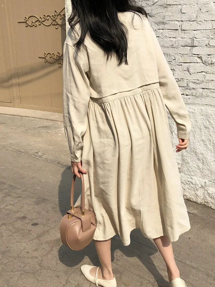 

Waist Drawstring CHIC Korean-style Fold-down Collar Loose-Fit Slimming Mid-length Trench Coat Shirt Dress Dress Women's