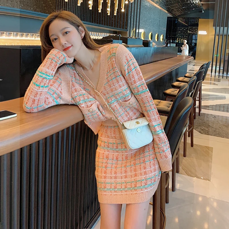 Gentle Cardigan Skirt Knitted Wool 2021 Spring and Autumn Women's Fashion Two-Piece Set Short Sweater |
