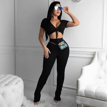 

Short Sleeve Crop Tops Women Matching Sets Solid Colors Sexy V-neck Crop Top with Flare Pants Pleated Women Streetwear Outfits