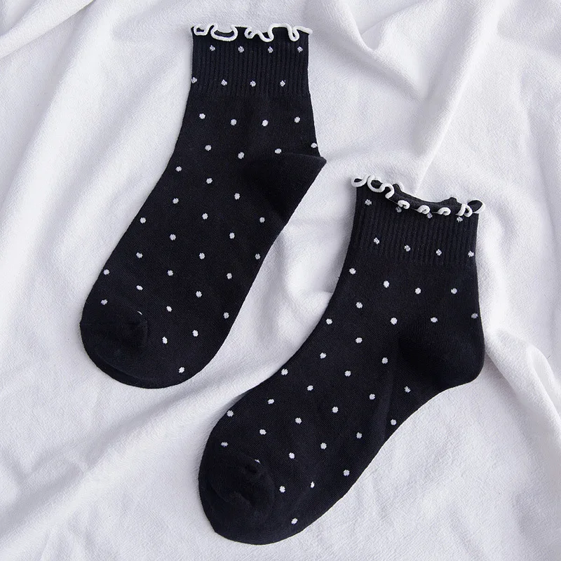 black dot Jeseca корейский стиль сердце/точка/полоса оборками кружевной носок для женщин осень зима теплый японский Kawaii носок женский Harajuku Винтаж Sox - Цвет: black dot