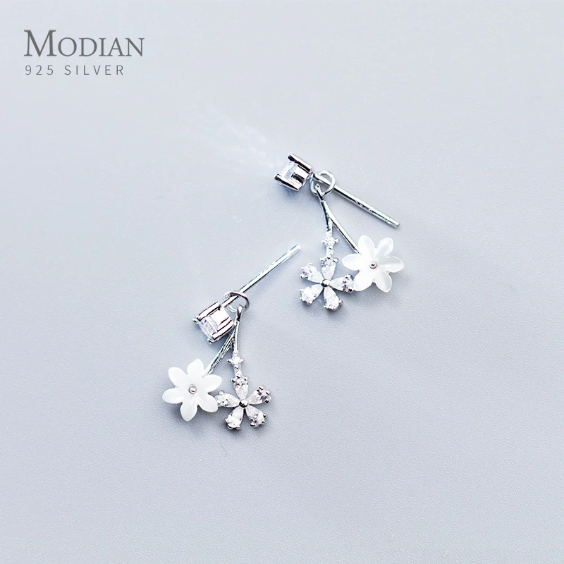 

Modian Charm Flower Enamel Clear Zirconia Swing Jewelry For Women 100% 925 Sterling Silver Stud Earrings Classic Party Female