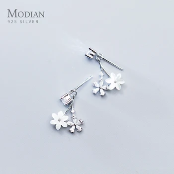 

Modian Charm Flower Enamel Clear Zirconia Swing Jewelry For Women 100% 925 Sterling Silver Stud Earrings Classic Party Female
