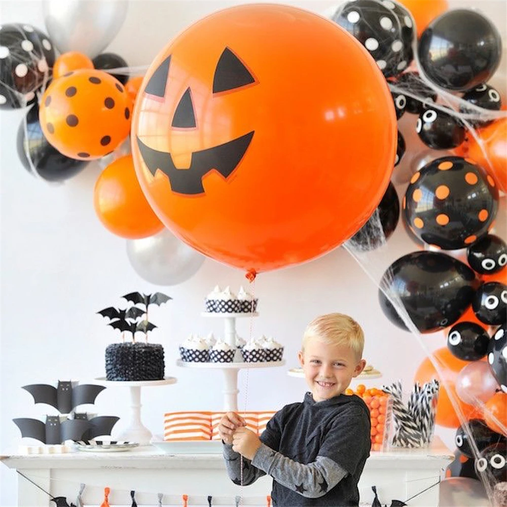 

1pc 36 Inch 90cm Big Orange Balloon Giant Pumpkin Balloon Halloween Party Balloon Black Scary Spider Web Paper tassel Banner
