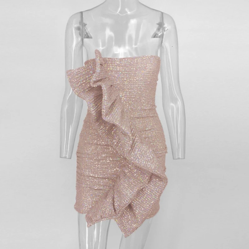 Yissang новое летнее женское вечернее платье в стиле знаменитостей Vestidos, сексуальное платье без рукавов с оборками, облегающее Клубное платье без бретелек - Цвет: Rosegold