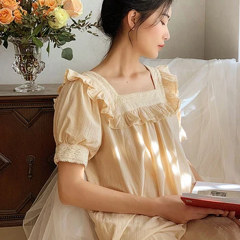 

2020 Summer New Princess Square Collar Sweet Court Female Nightdress Short Puff Sleeve Vintage Nightgown Retro Sleeping Dress