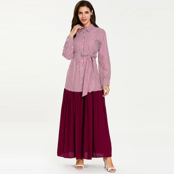 

Muslim fashion belt long sleeve stitching pleated thin button cardigan multicolor dress muslim Ramadan prayer dress