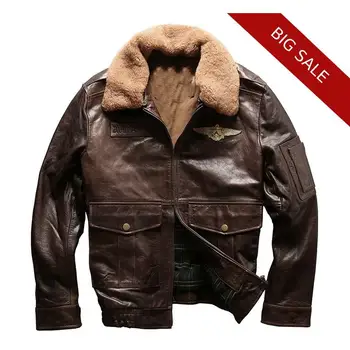 

2019 Vintage Brown Men Pilot Leather Jacket Plus Size XXXL Wool Collar Genuine Cowhide Russian Autumn Military Aviator Coat