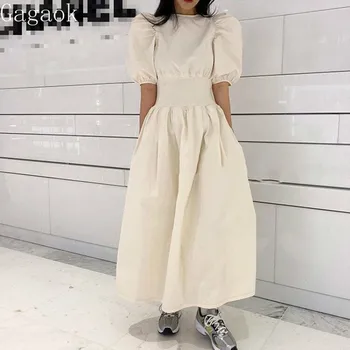 

Gagaok Women Vintage A-Line Dress 2020 Summer New O-Neck Puff Sleeve Waist Empire Solid Midi Casual Chic Wild Fashion Dresses