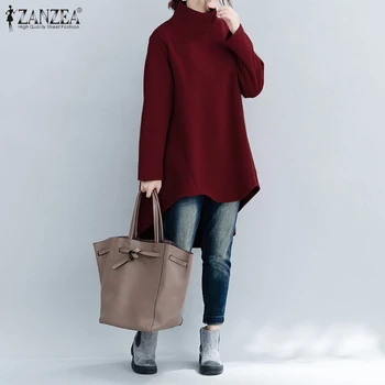 

ZANZEA 2020 Women High Collar Sweatshirt Autumn Ladies Casual High Low Pullover Loose Sudadera Mujer Plus Size Womens Clothing