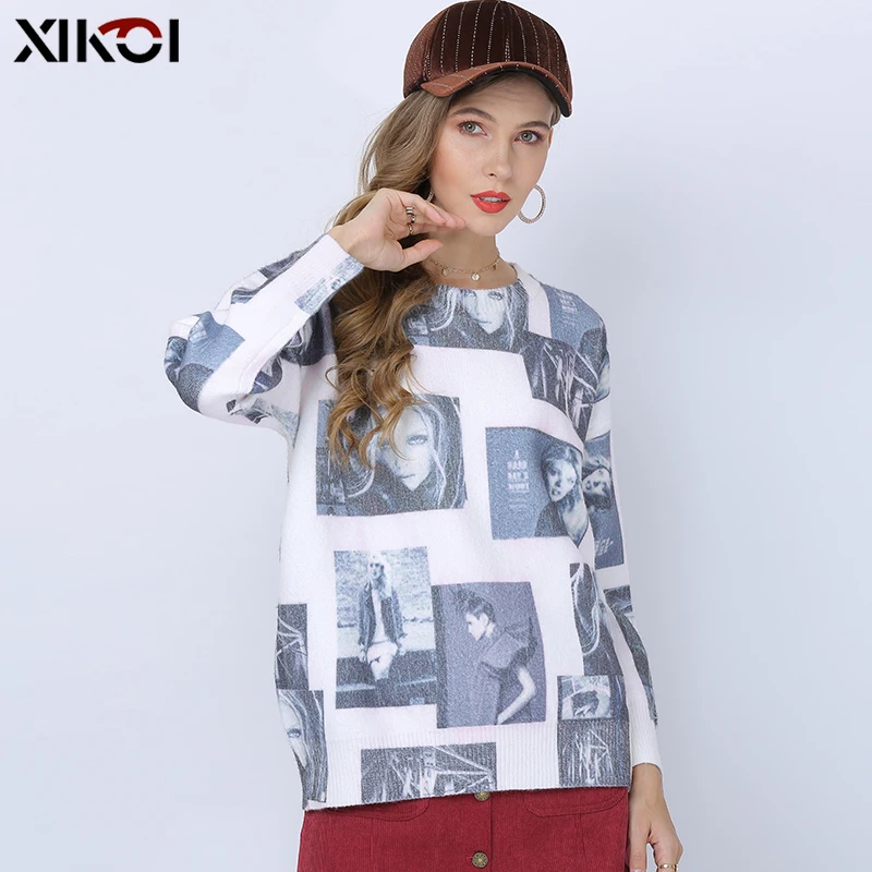 

XIKOI Fashion Idols Print Sweaters Women Winter Knitted Pullover Women O-Neck Casual Loose Oversized Jumper Knitwear Pull Femme