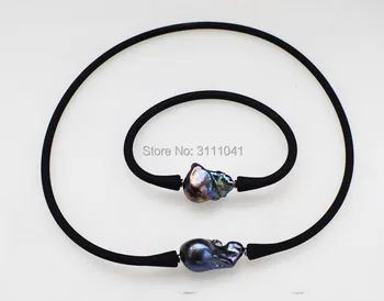 

one set freshwater pearl reborn keshi black drop black silicone necklace bracelet 17-18inch FPPJ wholesale beads nature